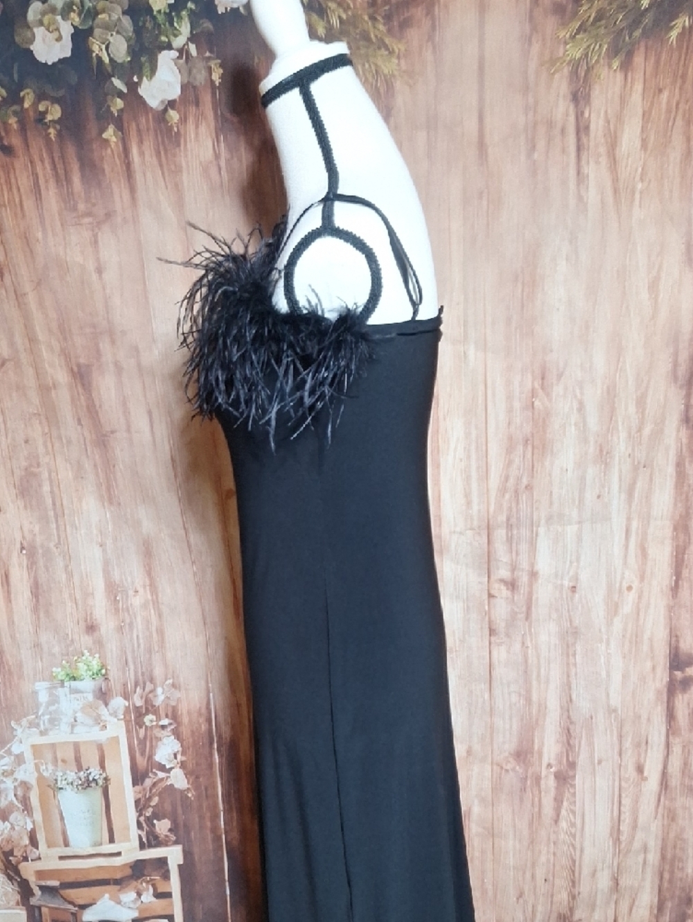 Black Feather Trim Prom Formal Gown - Picture 4 of 8